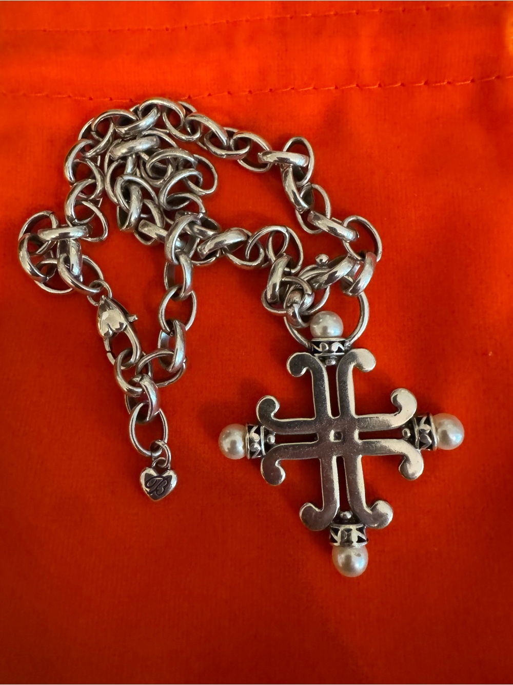Brighton Chunky Silver Cross Pendant Necklace with Pearl Accents